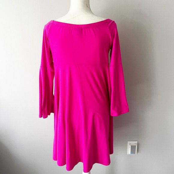 Torrid | Bright Pink Jersey Off Shoulder Bell Sleeves Skater Dress Sz. 0 - Picture 4 of 6